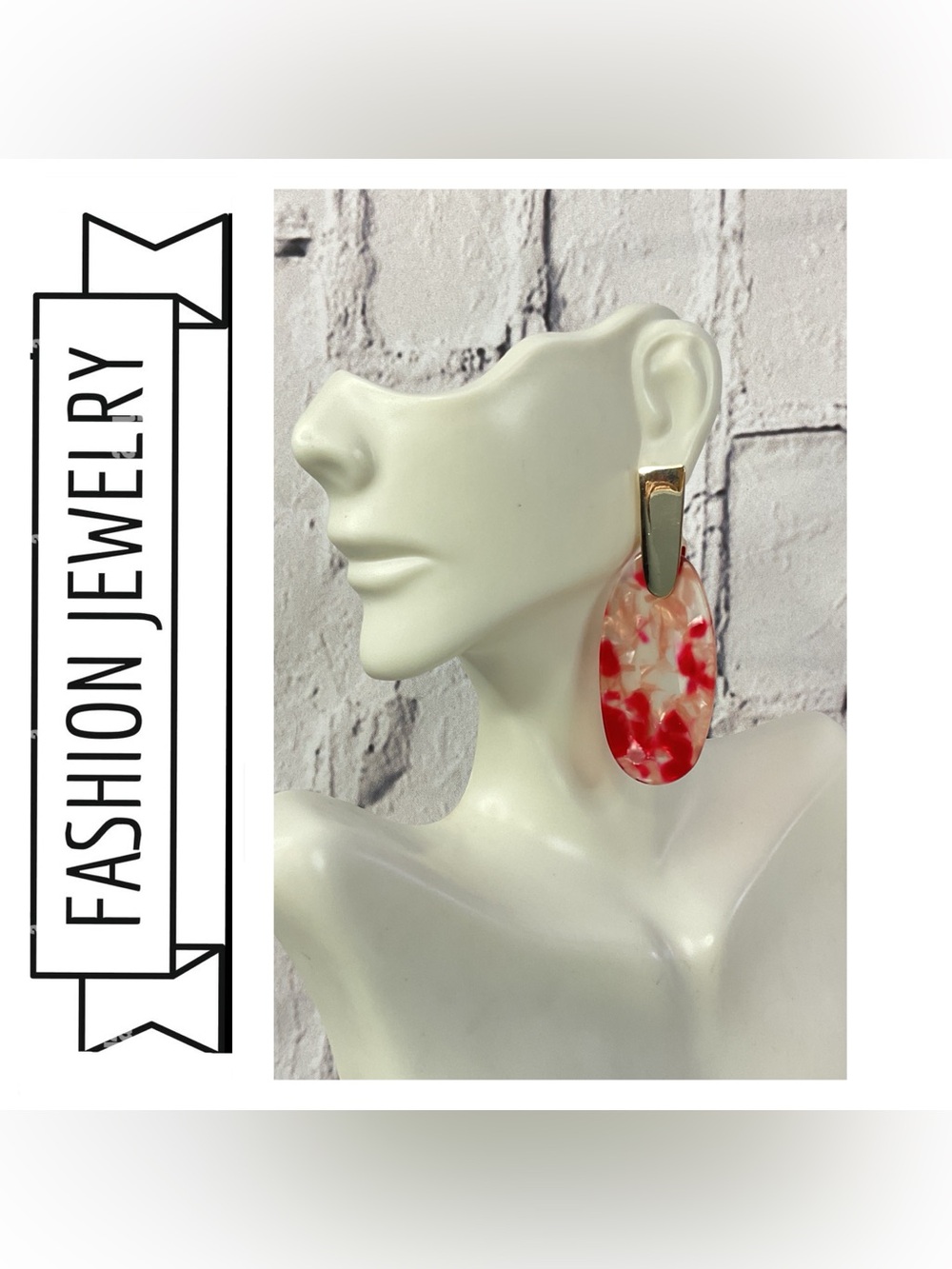 🌟🌟 Red and Cream Acrylic Oval Drop Earrings with Gold Accent